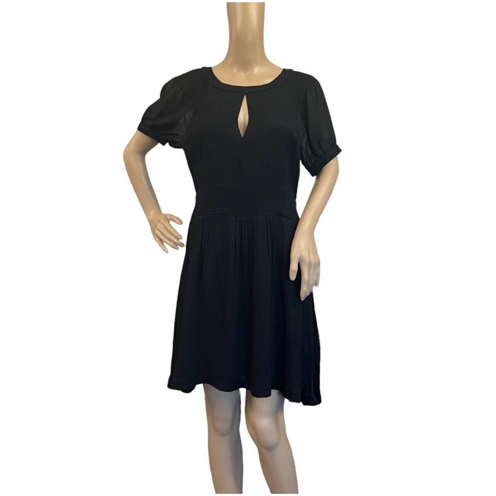 Anthro See U Soon Black Dress Keyhole Neckline Short Puffy Sleeves NWT Size S